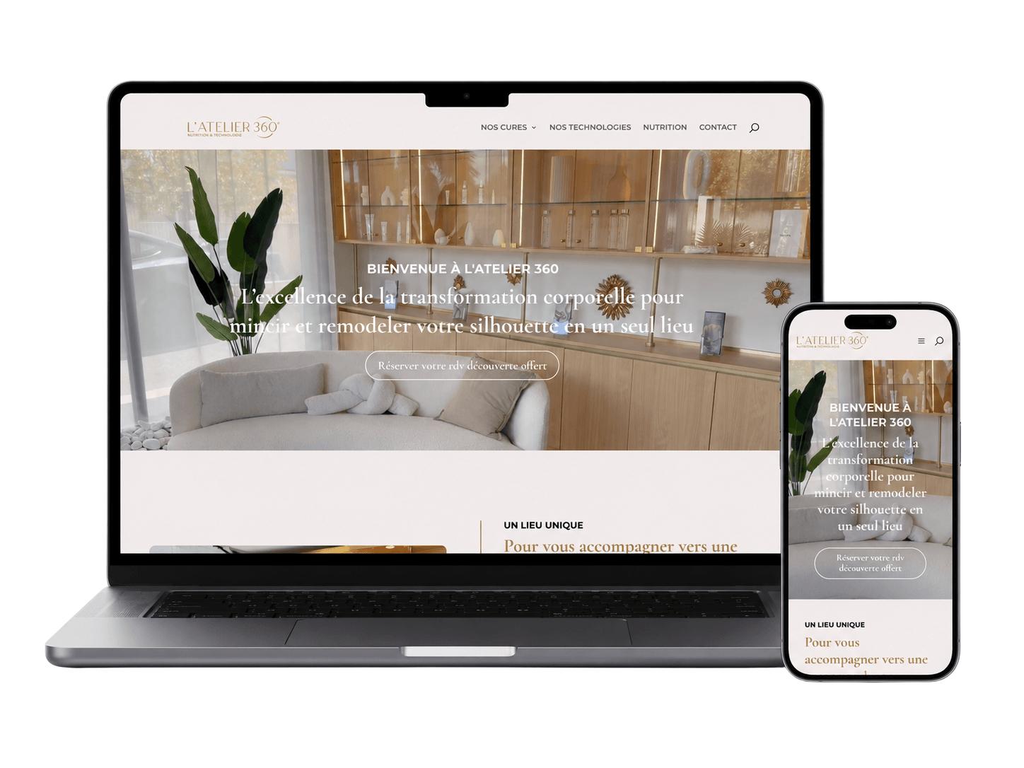 Mock-up du site L’Atelier 360 sur ordinateur et mobile